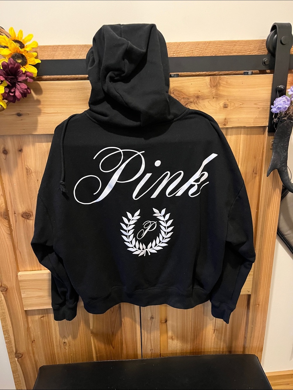 PINK Victoria's Secret Black Hoodie with White Script and Laurel Wreath